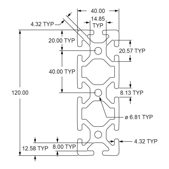 20120 aluminum profile dimension drawing 20mm x 120mm