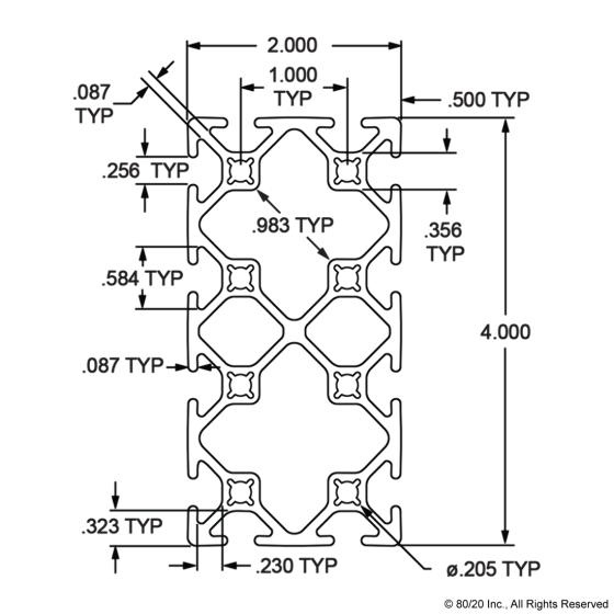 2040 aluminum profile dimension drawing 20mm x 40mm