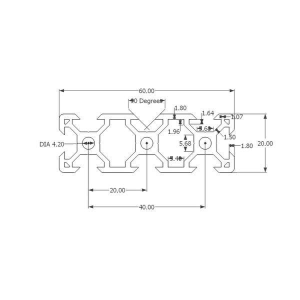 2060 aluminum profile dimension drawing 20mm x 60mm