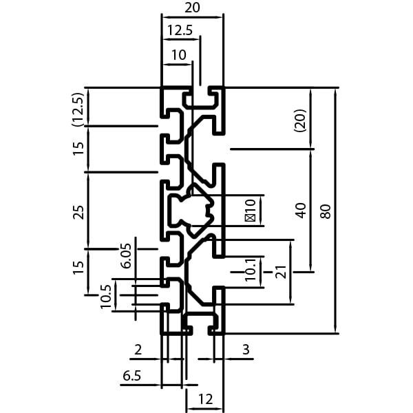 2080 aluminum profile dimension drawing 20mm x 80mm
