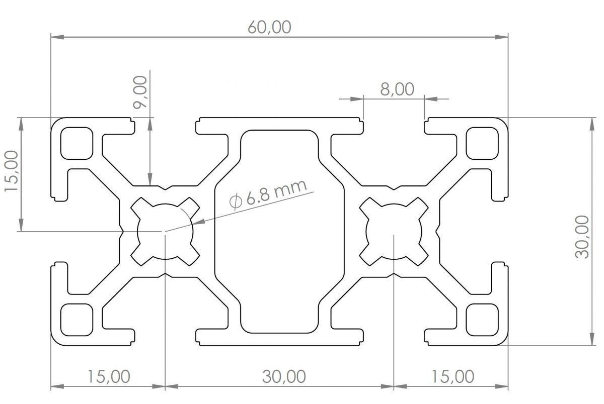 3060 aluminum profile dimension drawing 30mm x 60mm