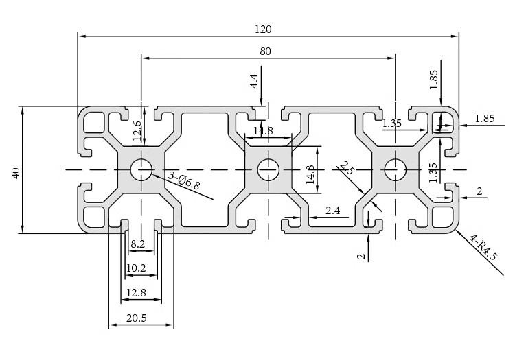 40120 aluminum profile dimension drawing 40mm x 120mm
