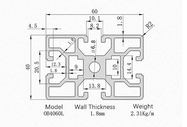 4060 aluminum profile dimension drawing 40mm x 60mm