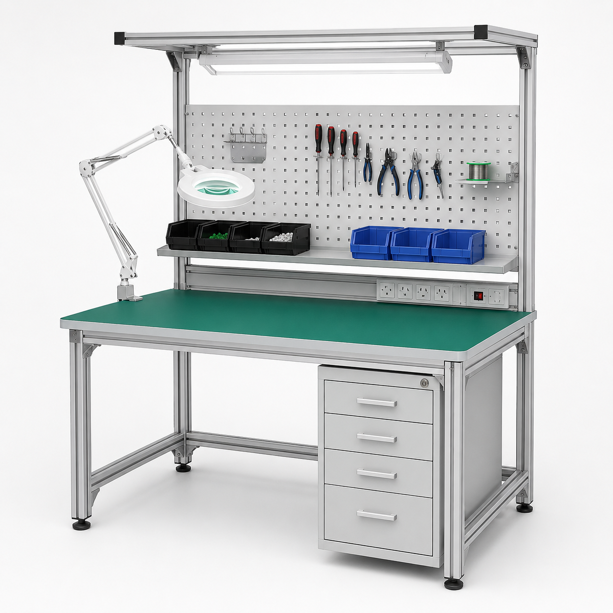 assembly workbench with pegboard and tool storage