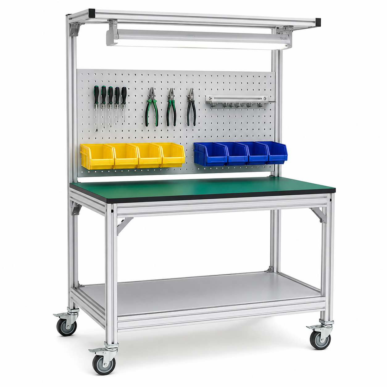 assembly workstation with overhead light bar