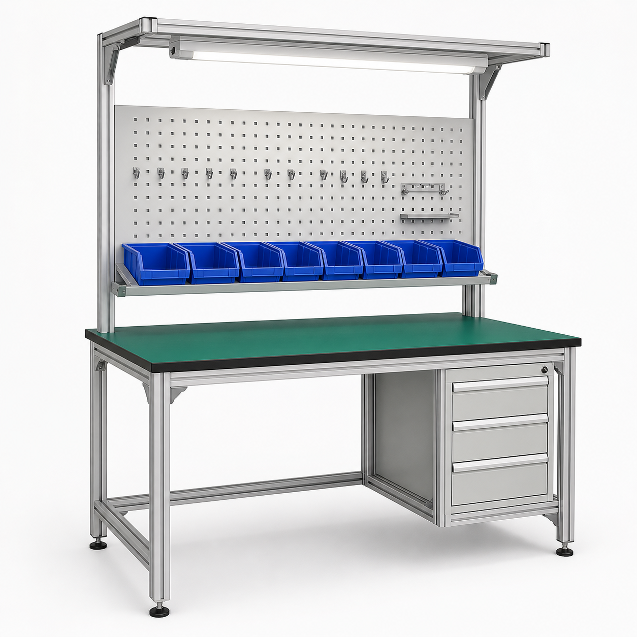 assembly workstation with parts bins and tool board