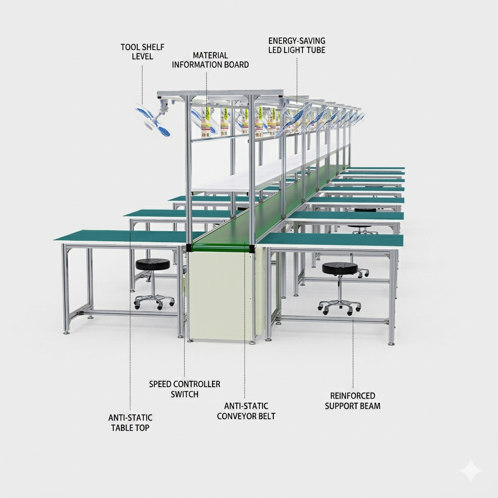 Custom industrial assembly line workstation with aluminum profile structure