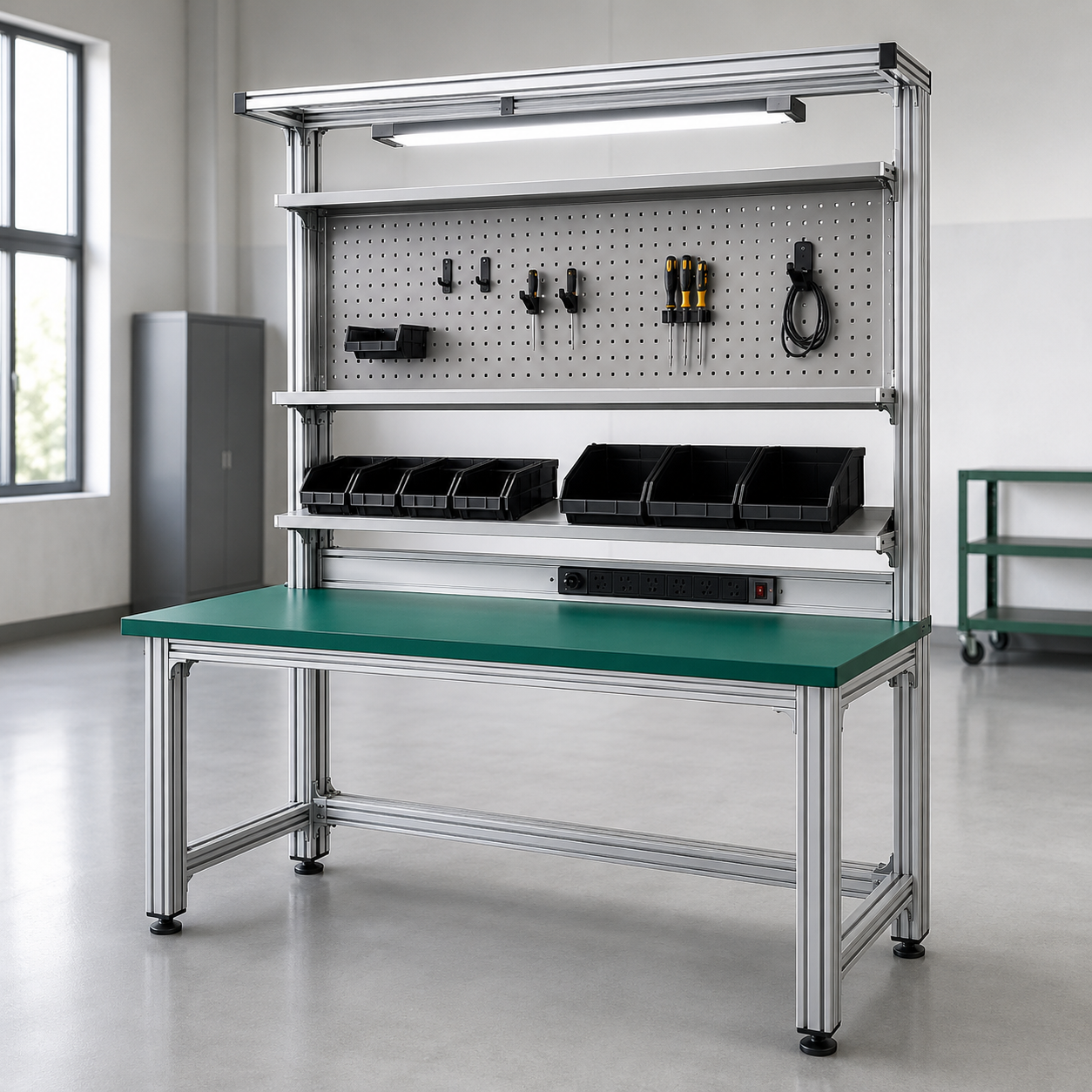 ESD workbench with grounding cable and wrist strap connection