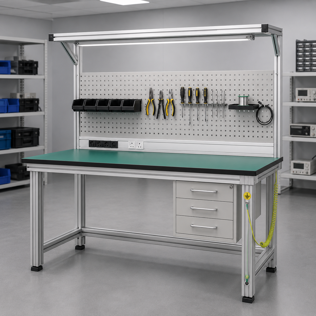 ESD workstation with overhead light and T-slot frame