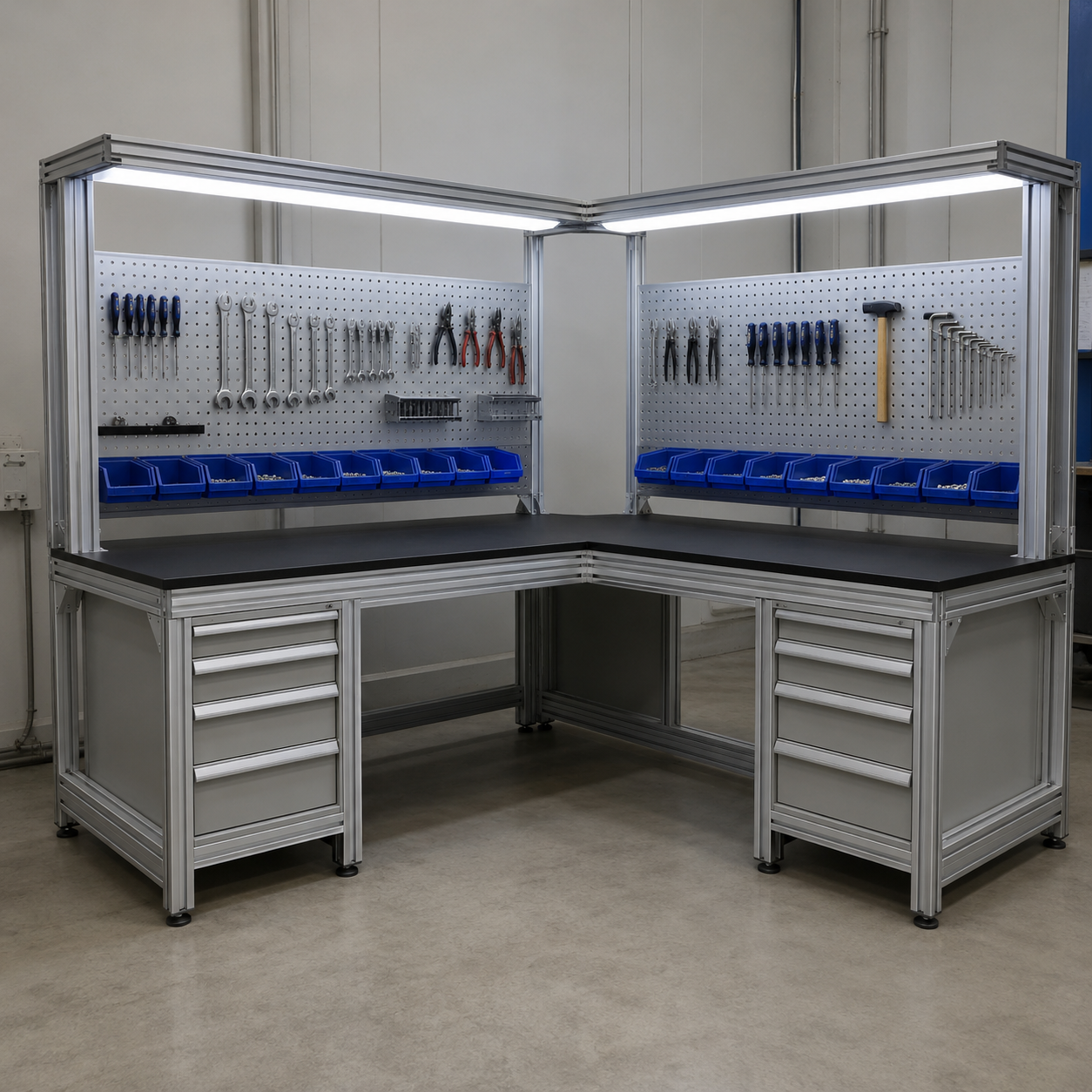 industrial L-shaped aluminum workbench for factory use