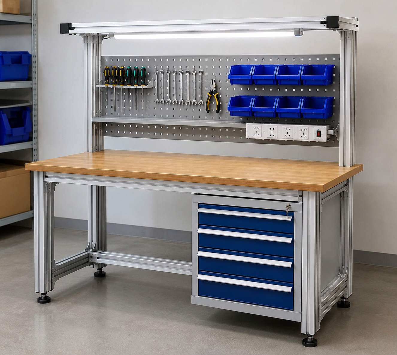 industrial workbench with drawers and tool storage