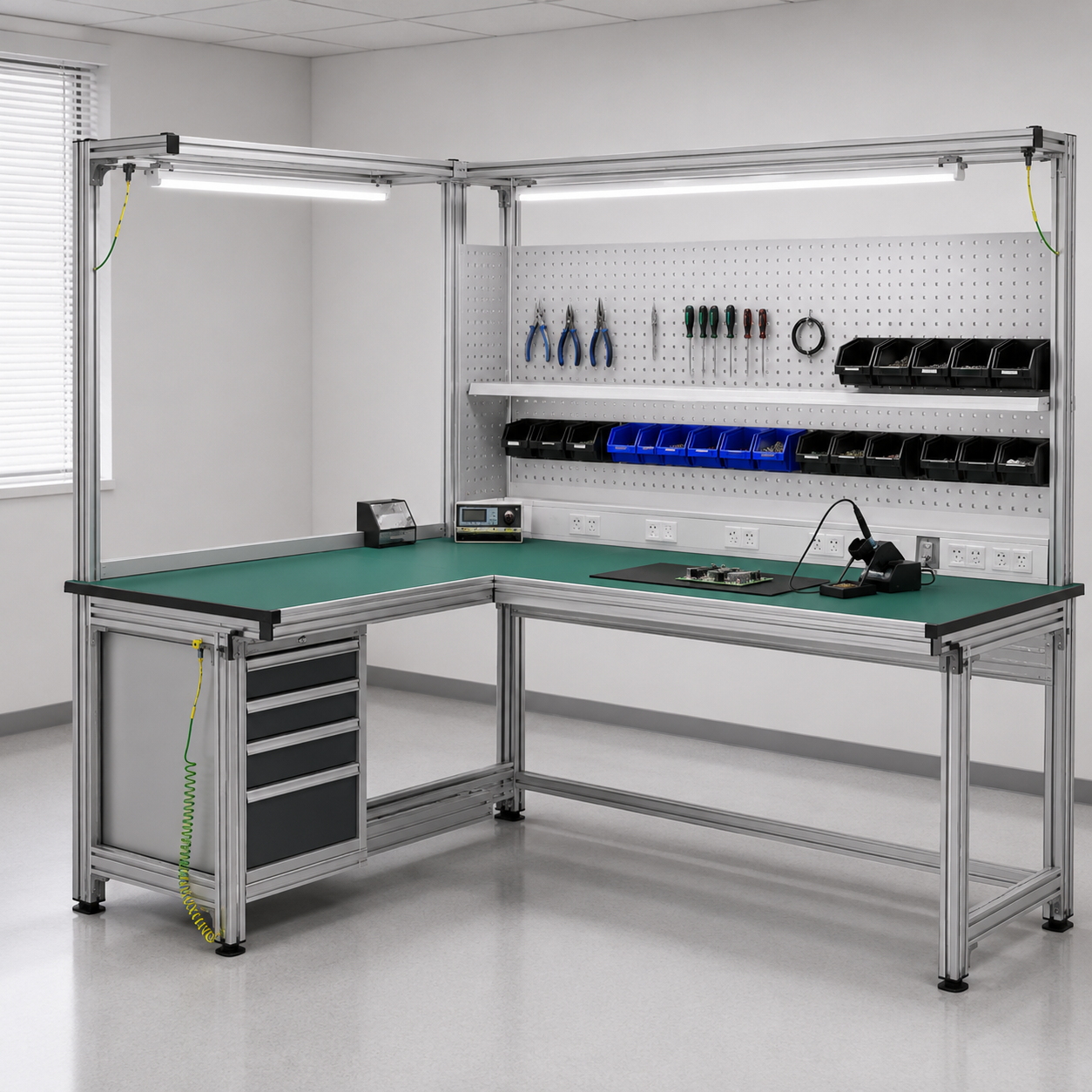 L-shaped aluminum workbench with T-slot frame
