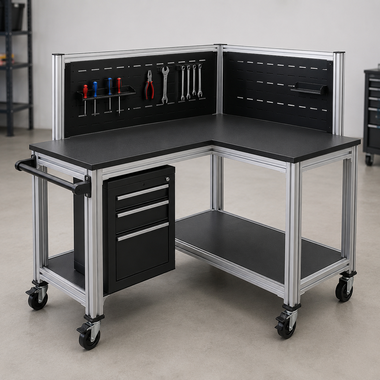 L-shaped corner workbench for industrial workstation layout