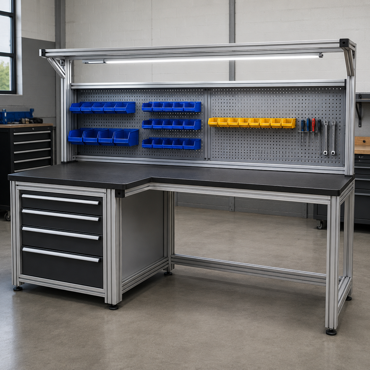 L-shaped workbench with drawers and aluminum frame