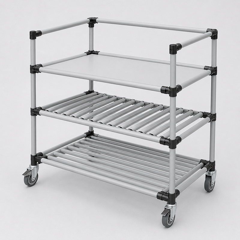 Material handling rack and cart system for industrial workspaces