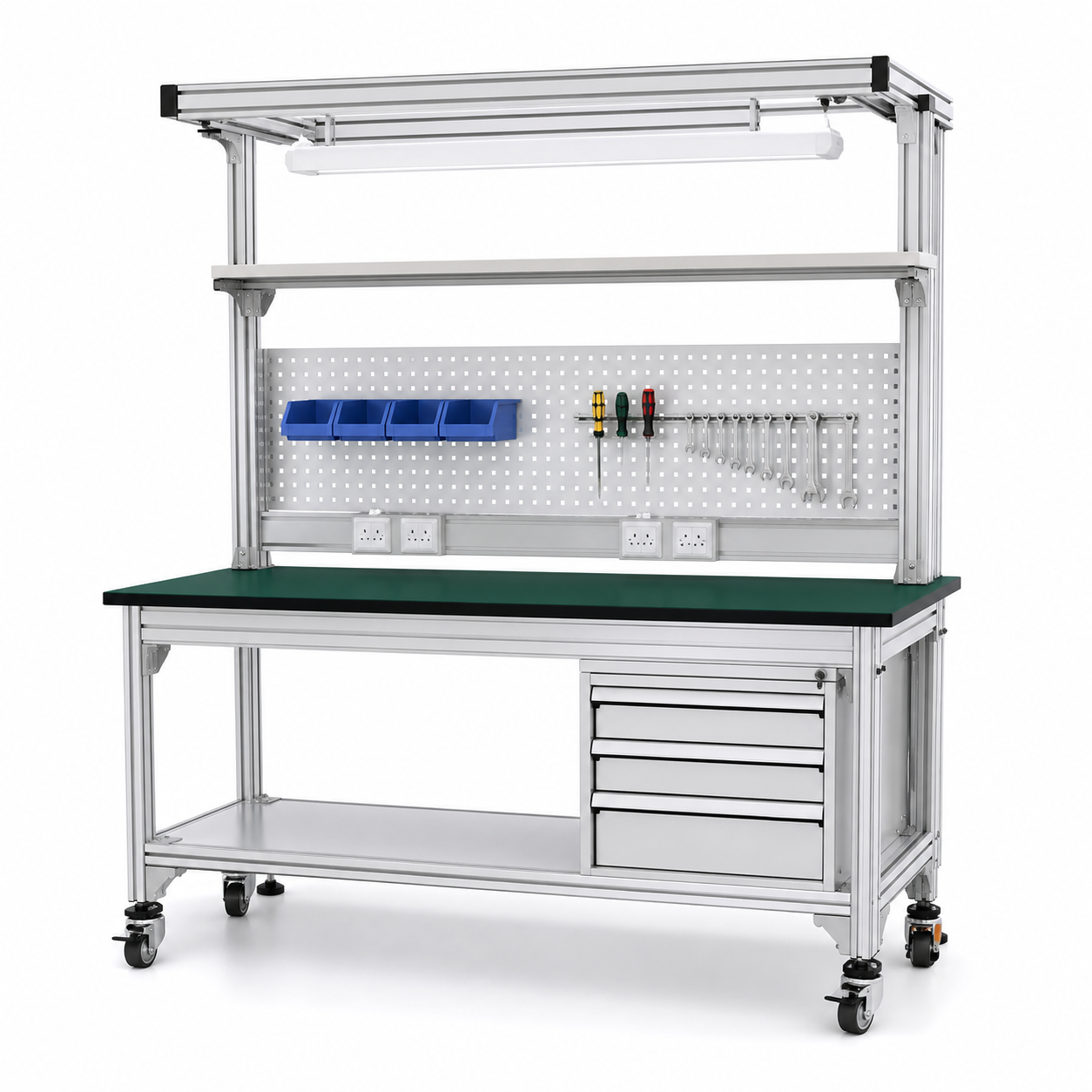 mobile aluminum workbench with shelves and T-slot frame