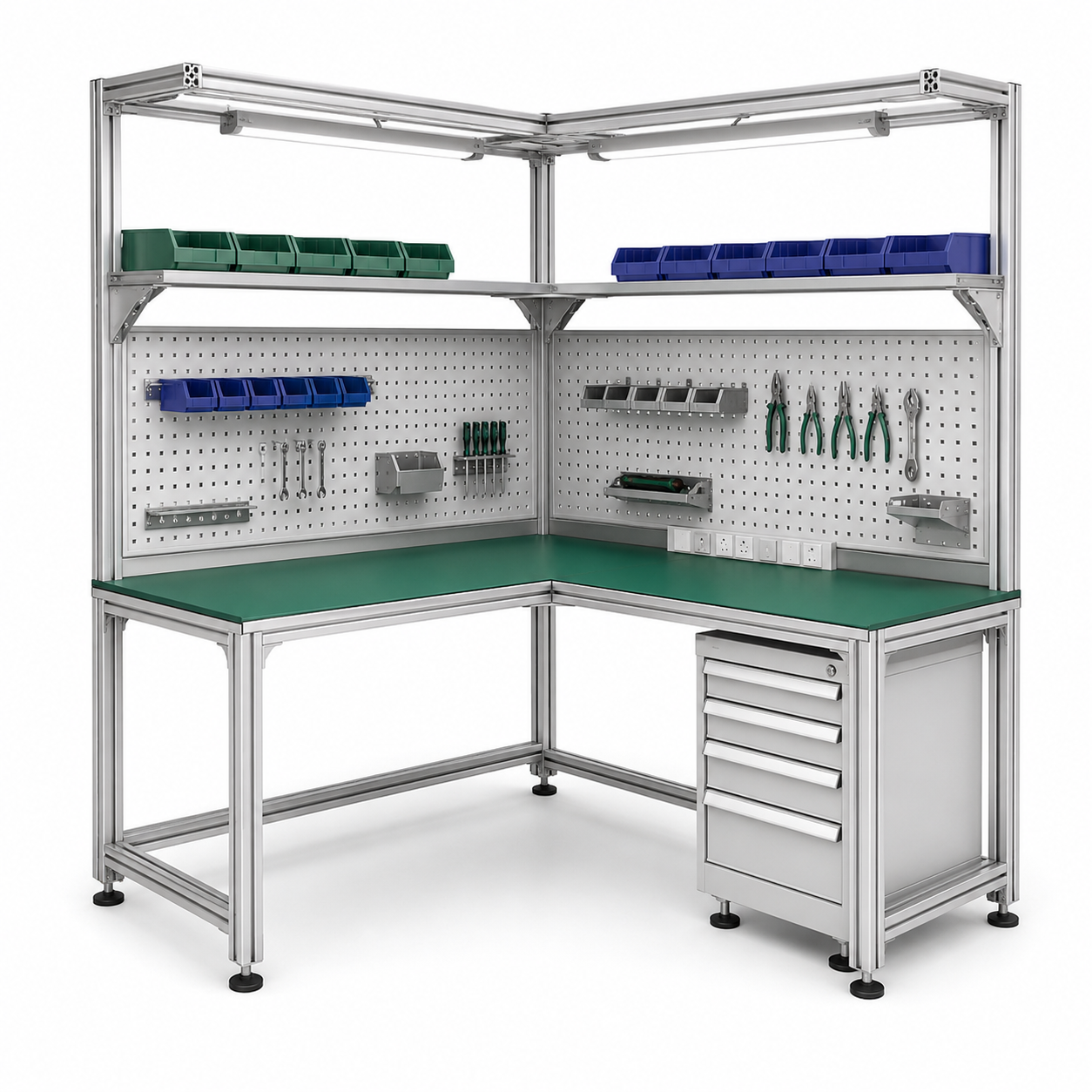 modular aluminum assembly workstation with shelves and drawers