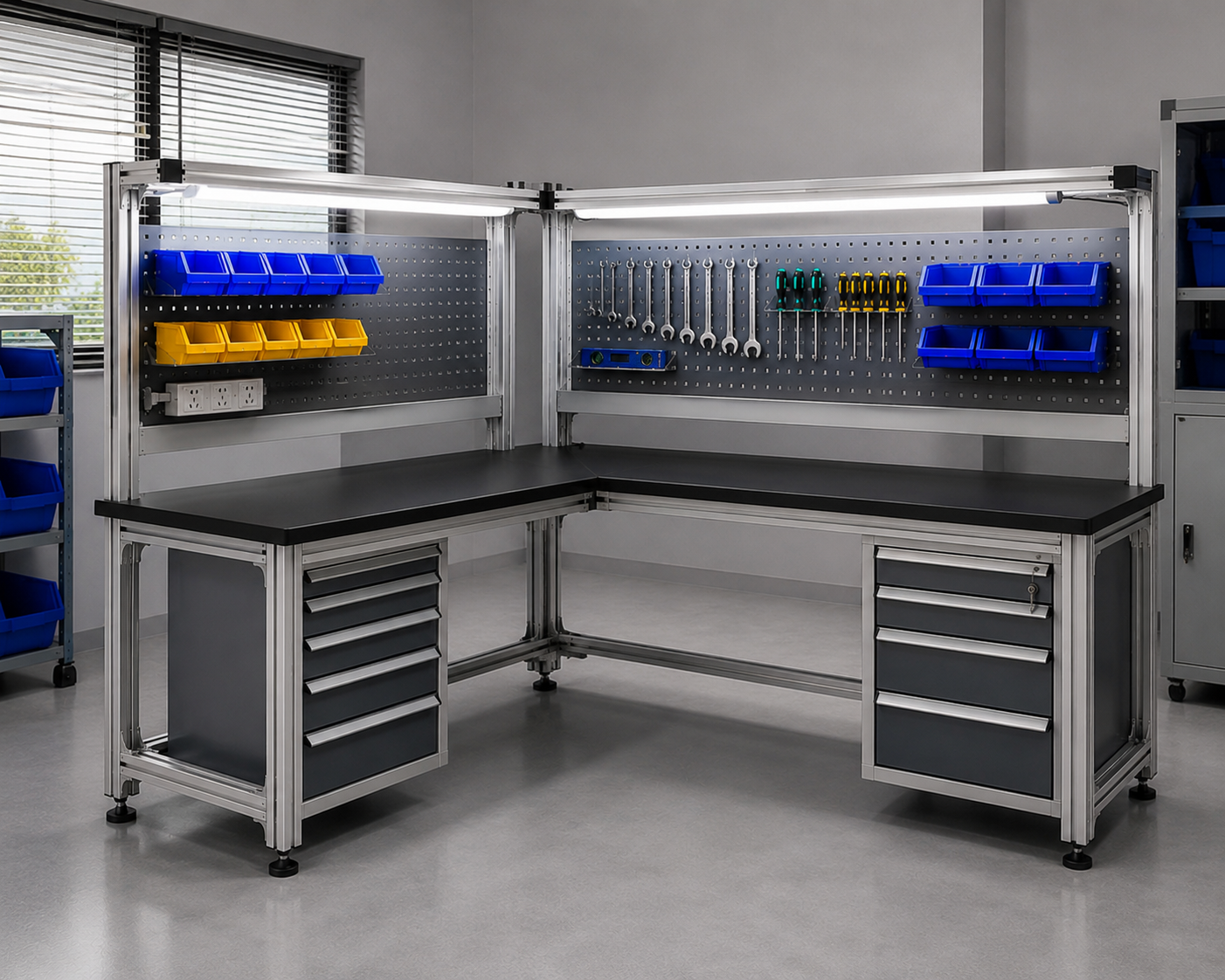 modular L-shaped aluminum workstation with shelves and pegboards