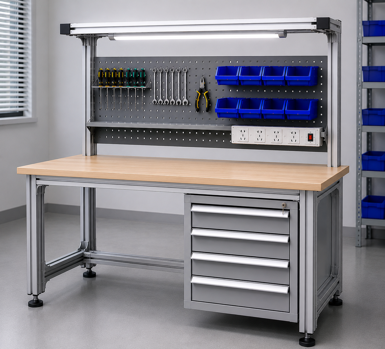 modular aluminum workbench with drawer storage