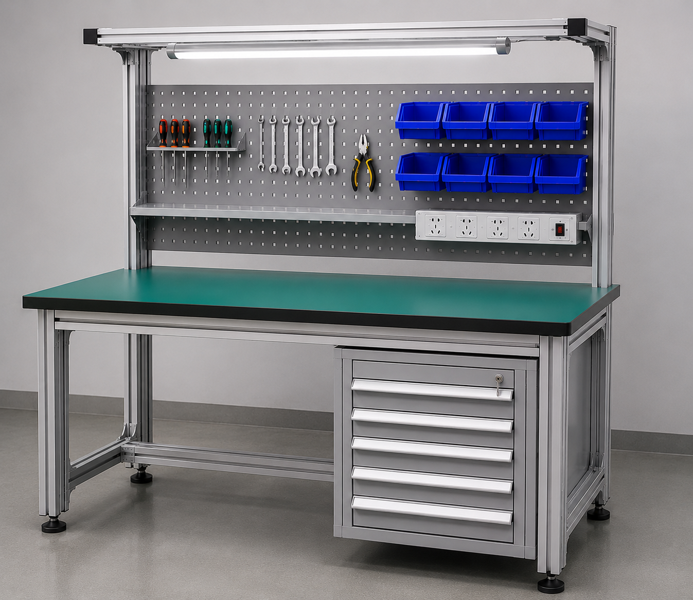 workbench with tool drawers and pegboard